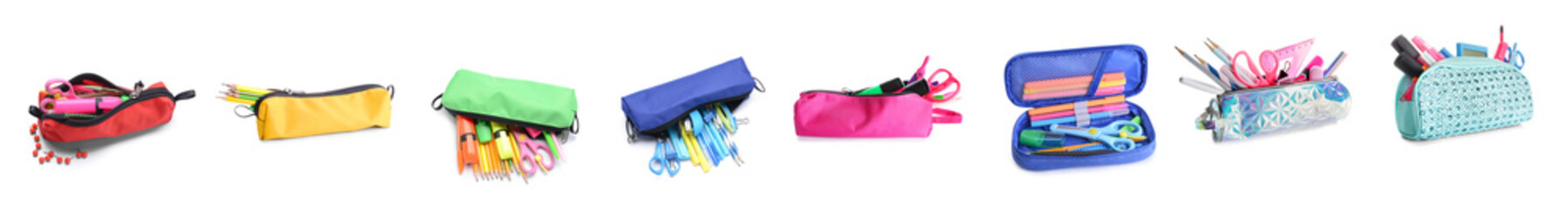 Pencil bags with stationery on white background