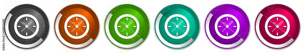 Poster Time, clock, watch icon set, silver metallic chrome border vector web buttons in 6 colors options for webdesign