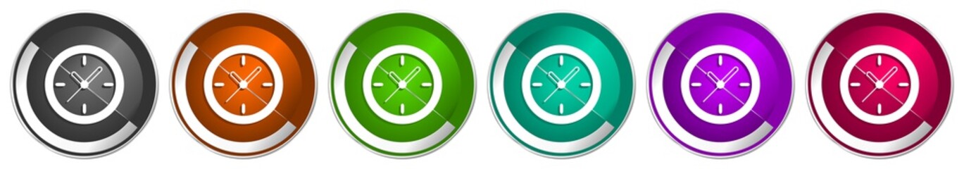 Time, clock, watch icon set, silver metallic chrome border vector web buttons in 6 colors options for webdesign