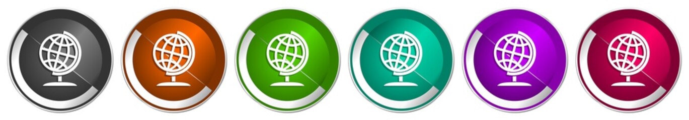 Globe icon set, world, global, map, earth silver metallic chrome border vector web buttons in 6 colors options for webdesign