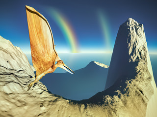 Flying pterodactyl against the volcanic crrater 3d illustration © satori