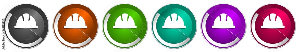 Aufkleber helmet icon set, safety, engineer, worker silver metallic chrome border vector web buttons in 6 colo