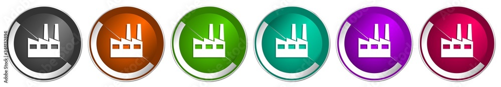 Aufkleber factory icon set, industrial building silver metallic chrome border vector web buttons in 6 colors o