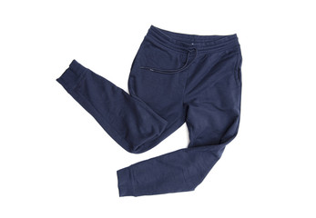 Close-up blue sport pants, sweatpants, jogging for men isolated on white background