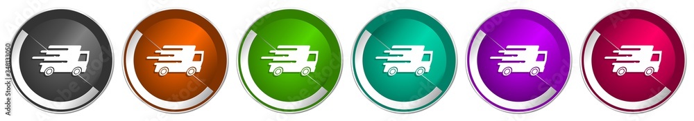 Aufkleber speed transport icon set, fast delivery, truck silver metallic chrome border vector web buttons in 6