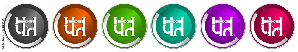 Poster Pipeline icon set, tube, pipe and industrial silver metallic chrome border vector web buttons in 6 colors options for webdesign