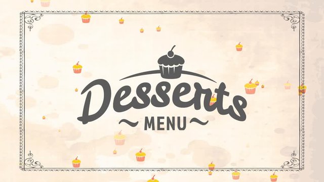 desserts menu cover for fancy dining room with cake artwork and flowing font on old paper background with splash
