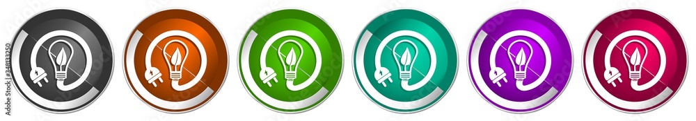 Aufkleber ecology, eco bulb icon set, renewable energy silver metallic chrome border vector web buttons in 6 c