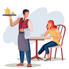 a girl is sitting at a coffee table and a waiter is standing next to her, the waiter brought tea or coffee on a tray, isolated object on a white background, vector illustration,