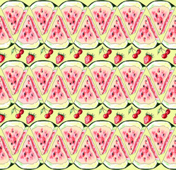 Watercolor illustration. Background. Watermelon, Strawberry, Cherry