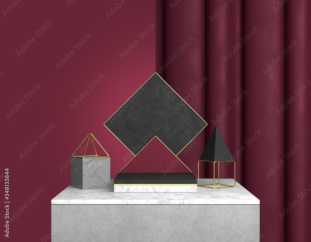 Poster 3d rendering abstract display showing a product. blank square blackboard advertising black and red c