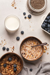 Fresh bright morning with granola and milk and fresh blueberries, chia for a positive and energizing charge