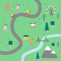 Cartoon cute kids map with car, road, city landscape elements. Cars, building, road of hand drawn, children toy style. Vector illustration.