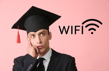 Young man in graduation hat and icon of wifi on color background