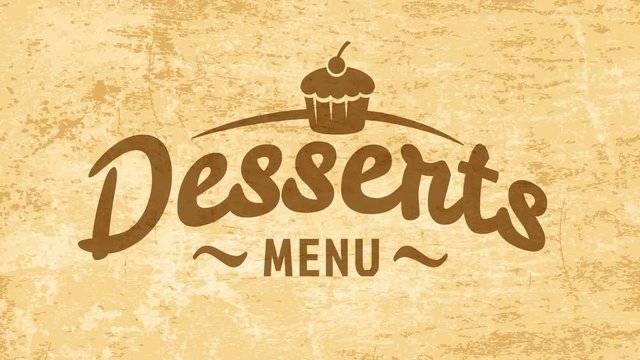 tasty desserts tag concept with cursive typography over golden vintage background for coffee shop or restaurant