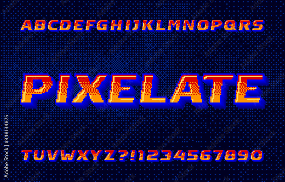 Fototapete pixelate alphabet font. 3d digital letters and numbers. pixel background. 80s arcade video game type