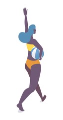 Fototapeta na wymiar Isometric woman walking with ball and greeting friends. Vector happy character in swimwear ready for pool activities, beach volleyball and relaxation