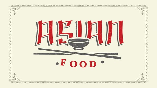 asian food restaurant brand with logographic style letters above chopsticks and bowl graphics covered with frayed texture