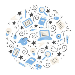 Hand drawn set of online education elements, laptop, pencil, book. Doodle sketch style. Vector illustration for e-learning, science, school, knowledge concept design.