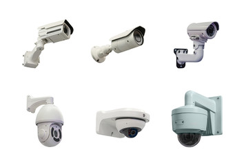 six modern video camera for tracking the situation at the facility isolated on white background