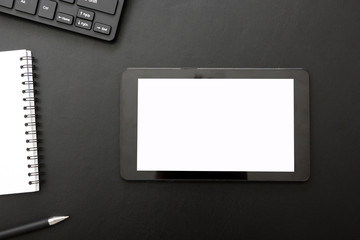 Office desk table with supplies. Flat lay Business workplace and objects. Top view. Copy space for text