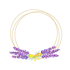 Illustration geometric gold with lavender watercolor flowers , floral isolated on white background, Golden abstract design decor banner, Romantic composition for wedding or greeting card