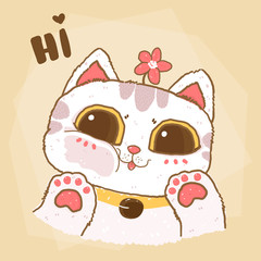 cute flat vector fluffy white cat face close on clear mirror, idea for greeting card, child stuff print, nursury wall