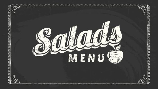 salads menu art on black chalkboard with cursive typography using white retro style chalk with worn out texture