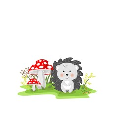 Vector illustration of cartoon style with cute hedgehog and fly agaric.