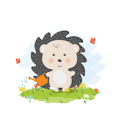 Vector illustration of cartoon style with cute hedgehog watering flowers .