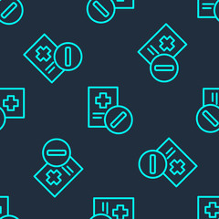 Green line Medical prescription icon isolated seamless pattern on blue background. Rx form. Recipe medical. Pharmacy or medicine symbol. Vector