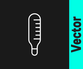 White line Medical thermometer for medical examination icon isolated on black background. Vector