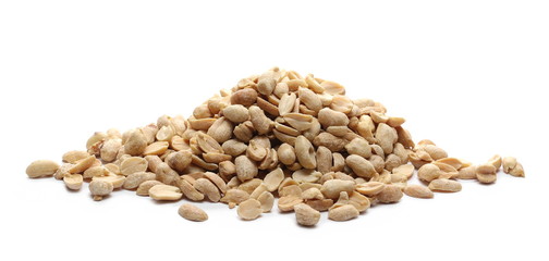 Roasted peanuts pile, savory snacks isolated on white background