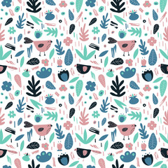 Pastel cyan, pink, blue birds on white background with plants, flowers. Seamless vector ethnic hand drawn pattern. Folk art cute print for textile, apparel, wrapping paper, cover. EPS 10, editable. 
