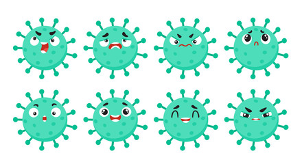 Vector set of cartoon coronavirus character isolated on white.