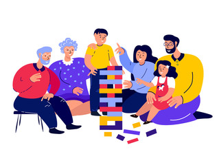 Big Happy Smiling Family Playing Board Jenga Game.Young Woman, Man.Parents,Mother,Father,Old Aged Pensioner Grandparents.Grandmother,Grandfather.Daughter,Son.Children Have Fun.Flat Vector Illustration