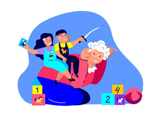 Happy Old Grandmother,Babysitter,Smiling Laughing Children Playing.Elderly Pensioner Granny Riding Kids.Girl and Boy Have Fun.Smiling Child.Cheerful Childhood.Family Relatives.Flat Vector Illustration