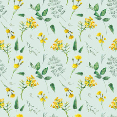 Watercolor meadow seamless pattern. Hand painted floral texture on pastel green background.