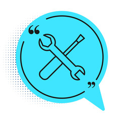 Black line Screwdriver and wrench spanner tools icon isolated on white background. Service tool symbol. Blue speech bubble symbol. Vector