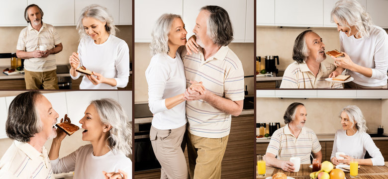 collage of happy mature couple dancing and eating breakfast in kitchen