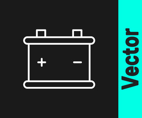 White line Car battery icon isolated on black background. Accumulator battery energy power and electricity accumulator battery. Vector