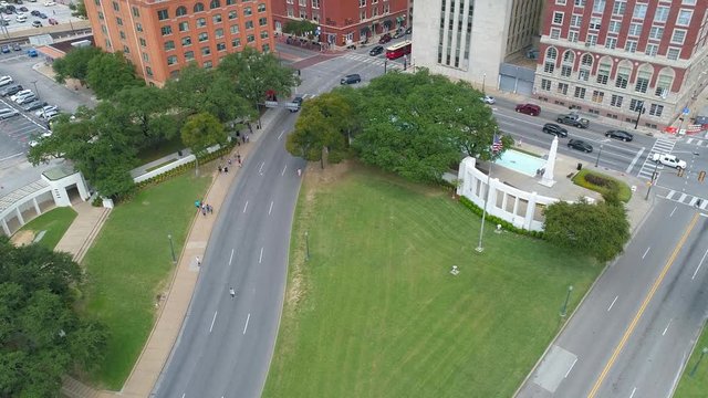 The Kennedy Dealey Plaza Memorial and Downtown Main Street Drone Video Dallas Texas USA