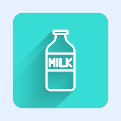 White line Closed glass bottle with milk icon isolated with long shadow. Green square button. Vector