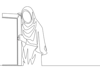 Single continuous line drawing of young beautiful muslimah wearing head scarf leaning on the wall. Beautiful Asian woman model in trendy hijab fashion concept one line draw design vector illustration
