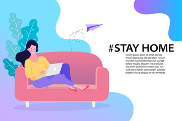 woman sitting at their home, room or apartment, Quarantine, stay at home concept, relaxing on sofa, Trendy flat vector illustration, EPS10.