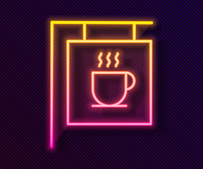 Glowing neon line Street signboard coffee icon isolated on black background. Vector