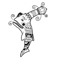 Doodle hand drawn fish with lighthouse vector illustration. Picture for tattoo or t-shirt. Character in zentangle style for coloring.