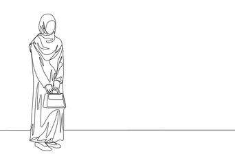 One continuous line drawing of young attractive muslimah with traditional Arab cloth holding bag. Beauty Asian woman model in trendy hijab fashion concept. Single line draw design vector illustration