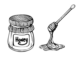 a jug of honey and a honey stick. Bee honey. Vector illustration in the Doodle style.