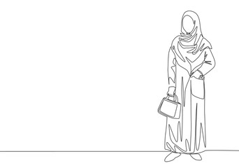 One continuous line drawing of young pretty muslimah on traditional arab cloth carrying pocker bag. Beauty Asian woman model in trendy hijab fashion concept single line draw design vector illustration